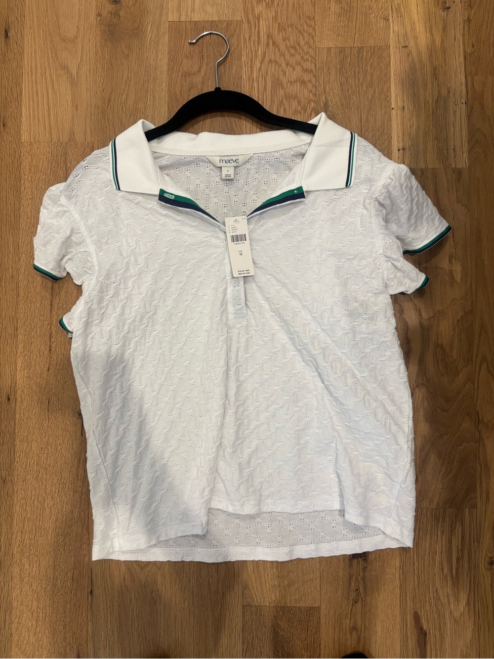 Maeve White Eyelet Polo with Green Trim